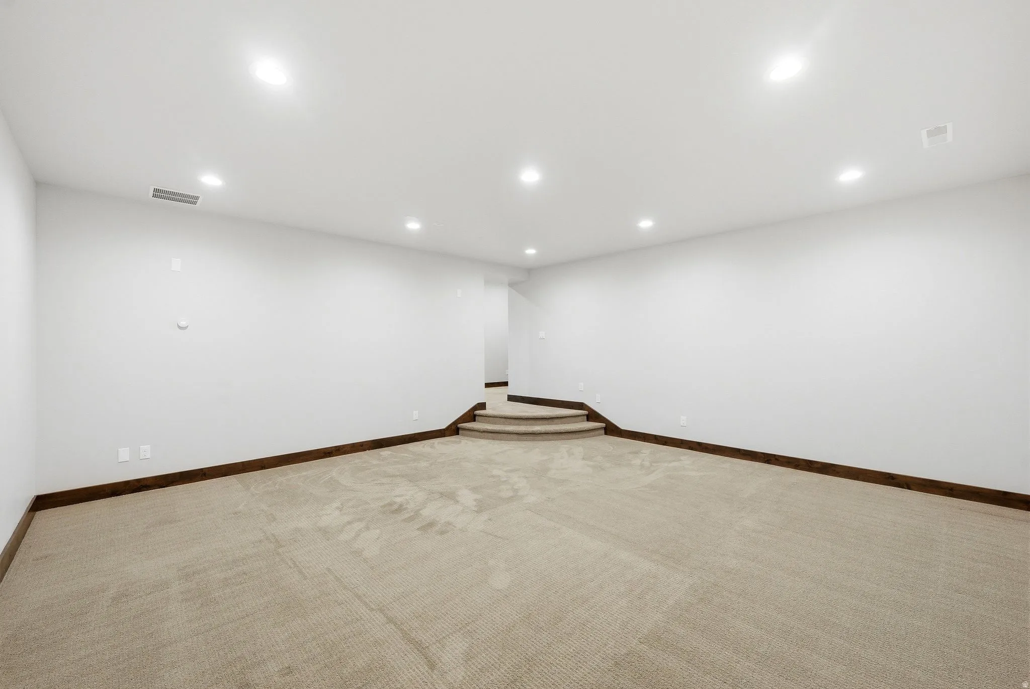 Spacious room featuring neutral carpeting, white walls, dark wood baseboards, recessed lighting, and a carpeted two-step elevation