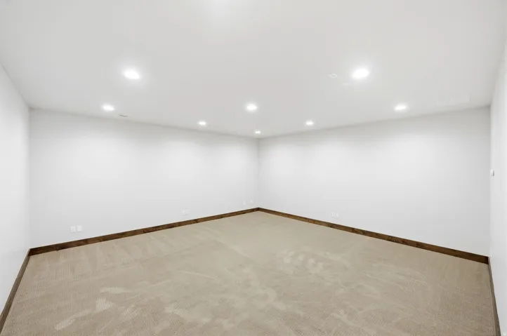 Spacious room with white walls, recessed ceiling lighting, light-toned carpet flooring, and dark wood-finish baseboards