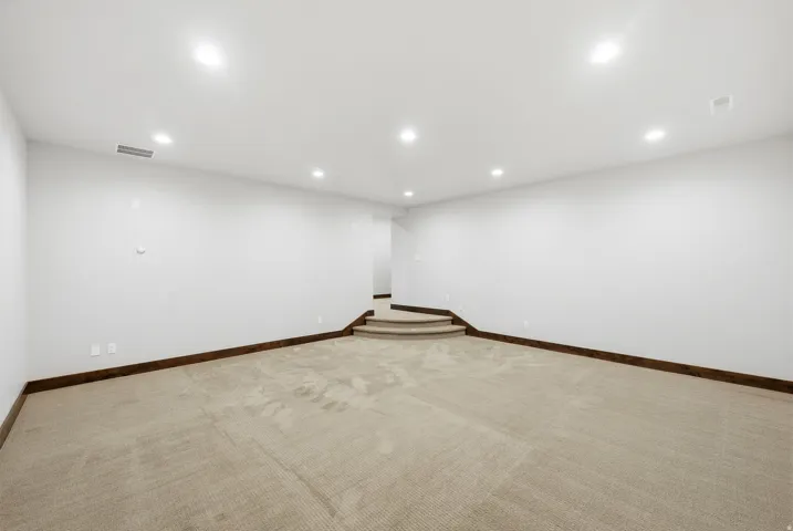 Spacious room featuring neutral carpeting, white walls, dark wood baseboards, recessed lighting, and a carpeted two-step elevation