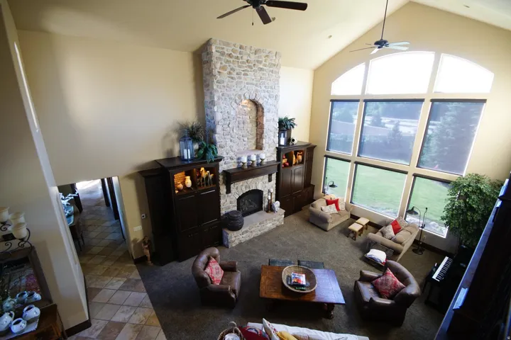 Great room with vaulted ceilings and exposed beams