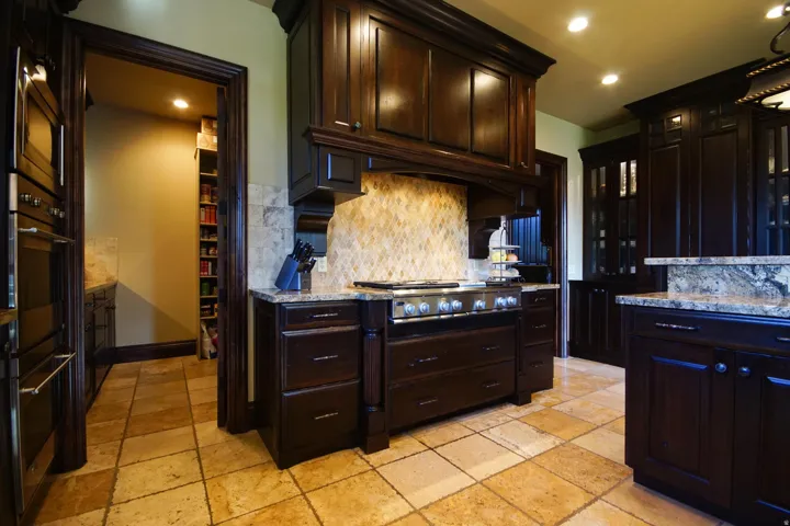 Professional kitchen featuring dark wood cabinetry, stainless steel range, and a patterned tile backsplash