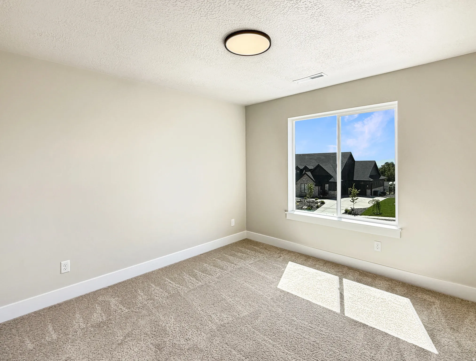 Neutral-toned room featuring a large window, light beige carpet, white baseboards, and a modern flush-mount ceiling light