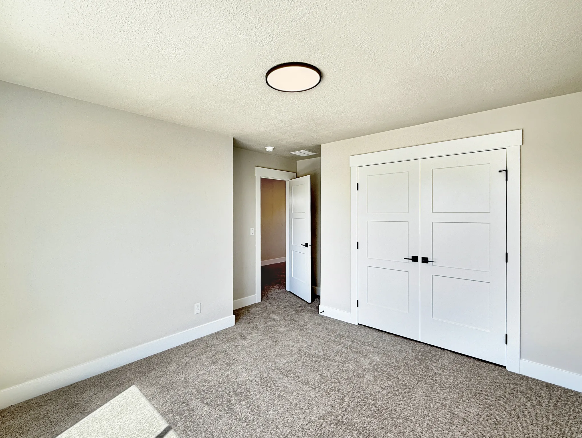 Carpeted room featuring a ceiling-mounted light fixture, light gray walls, white baseboards, and white paneled double doors with black hardware