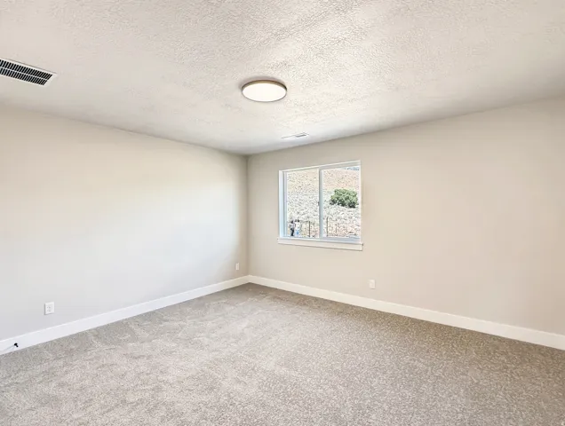 Spacious room featuring neutral carpeting, light-toned wall paint, crisp white baseboards, and a window with a mountain backdrop