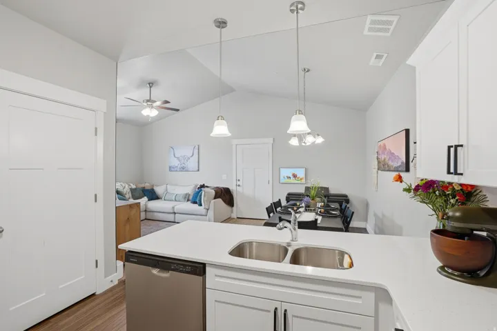 Modern kitchen featuring white cabinetry, stainless steel dishwasher, and a double basin sink with a chrome faucet