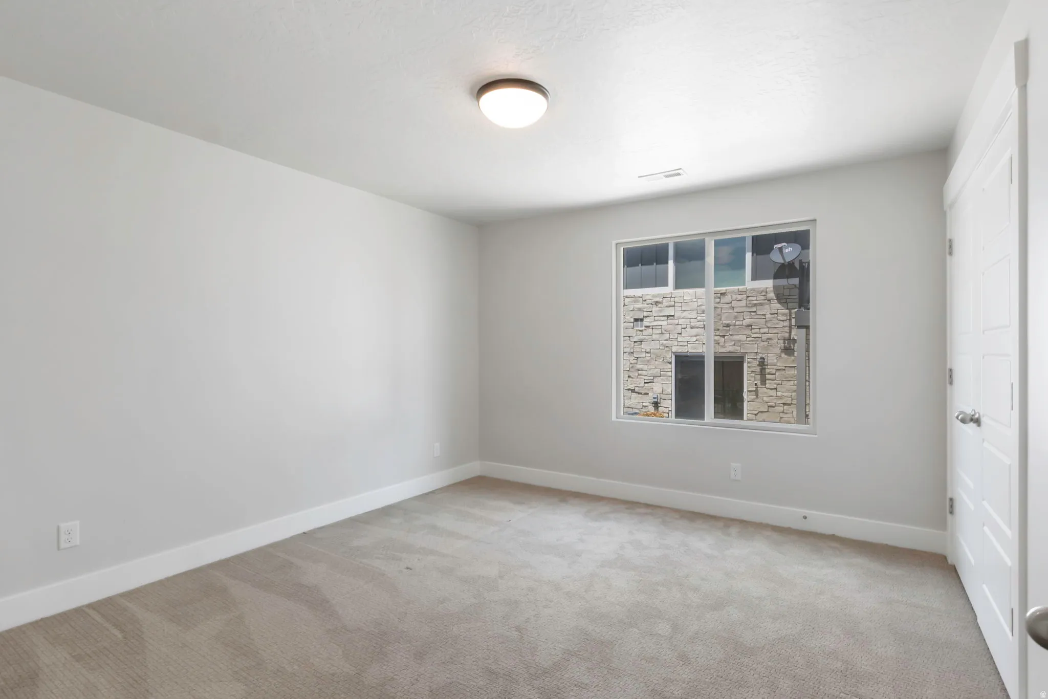Room featuring light gray carpeting, neutral wall paint, and a rectangular window