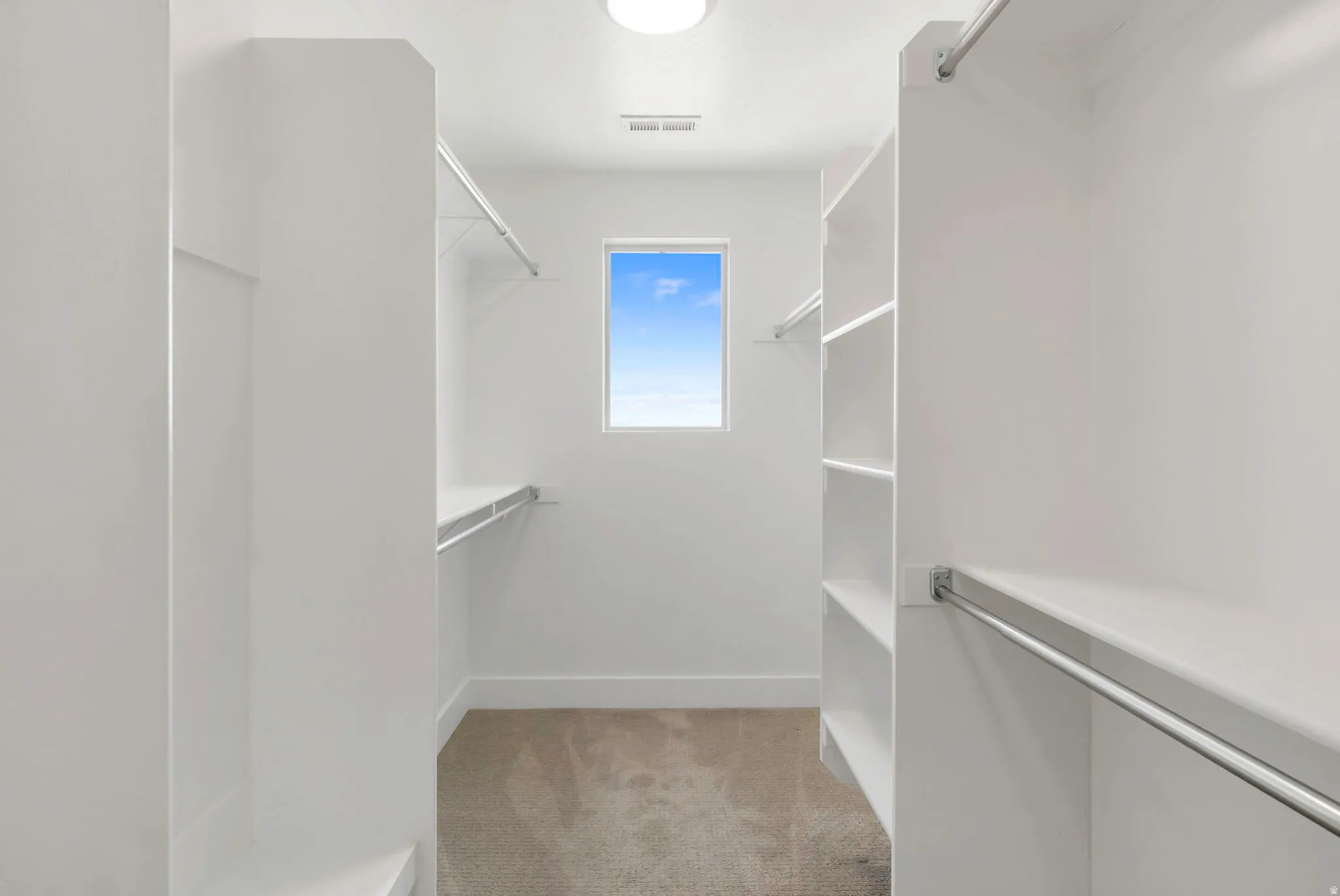 Walk-in closet with built-in shelving, chrome hanging rods, a window, and neutral carpeting