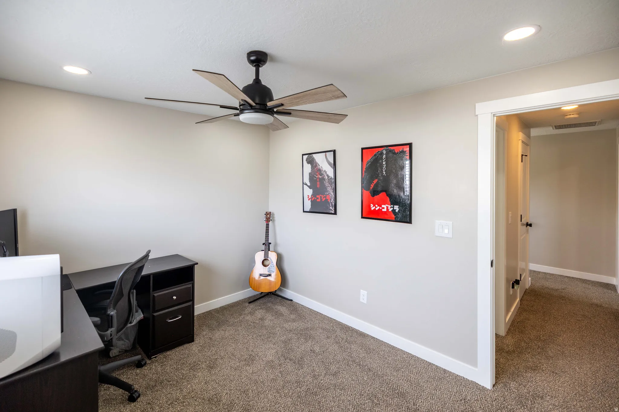 Bedroom with recessed lighting and a ceiling fan