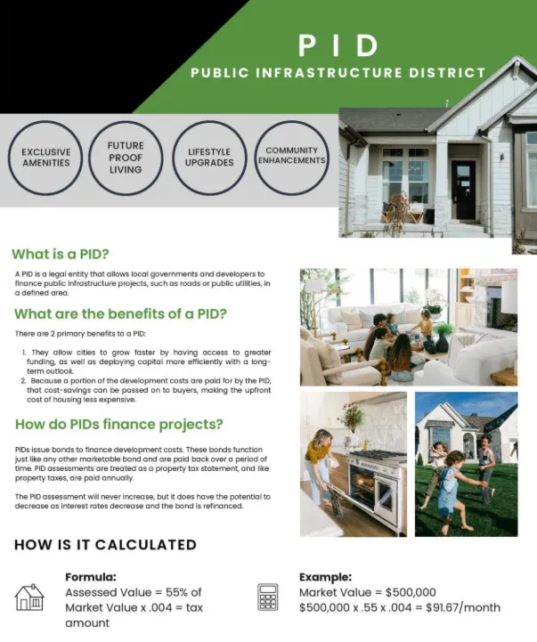 Public Infrastructure District (PID) Overview. Explaining the purpose, benefits, financing, and calculation methods of a PID