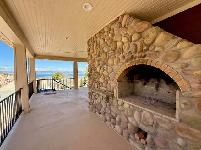 Detailed view of a mountain backdrop and stone siding