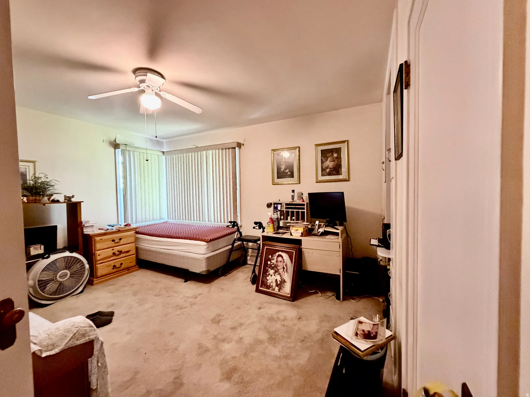 Carpeted interior room with a ceiling fan light fixture