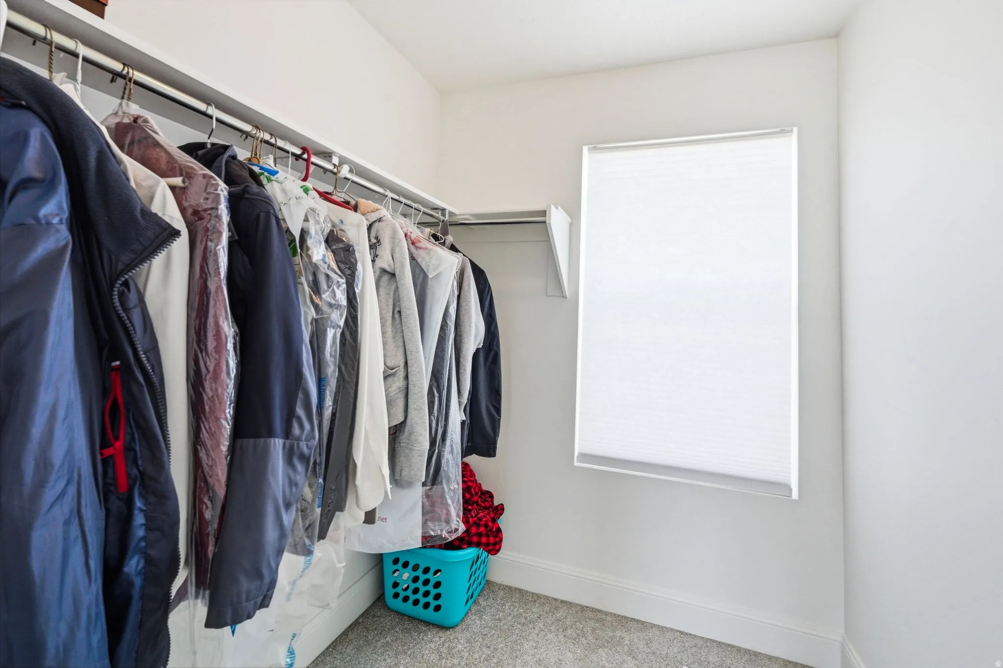 Walk in closet with light colored carpet