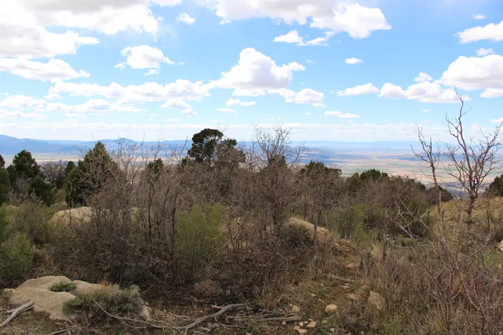 Expansive natural landscape with distant valley and mountain ranges under a partly cloudy sky