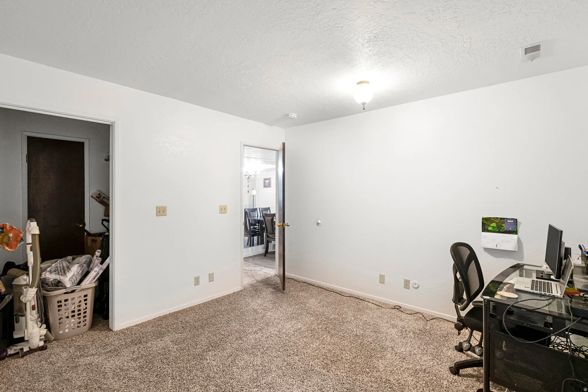 Carpeted room with white walls, baseboards, and a ceiling-mounted light fixture
