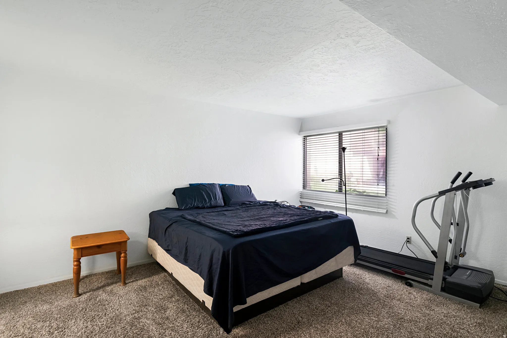 Carpeted room with a window featuring horizontal blinds