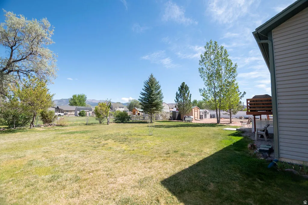 Expansive rear yard featuring a large grassy area, mature trees, and a raised wood deck