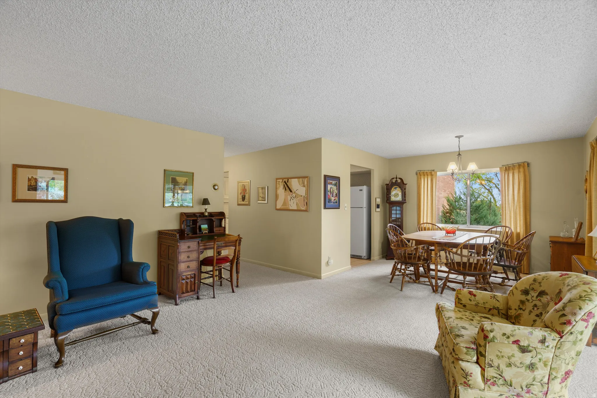 Carpeted living area with light-toned walls