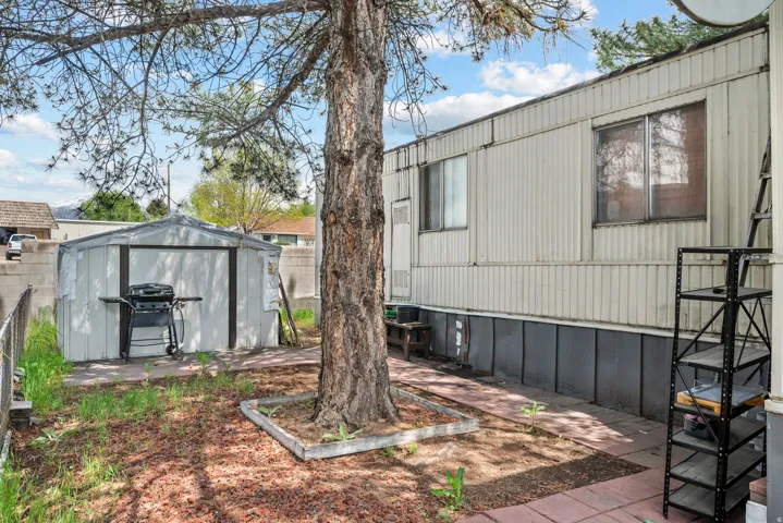 Exterior with ribbed siding, multiple windows, and a metal storage shed