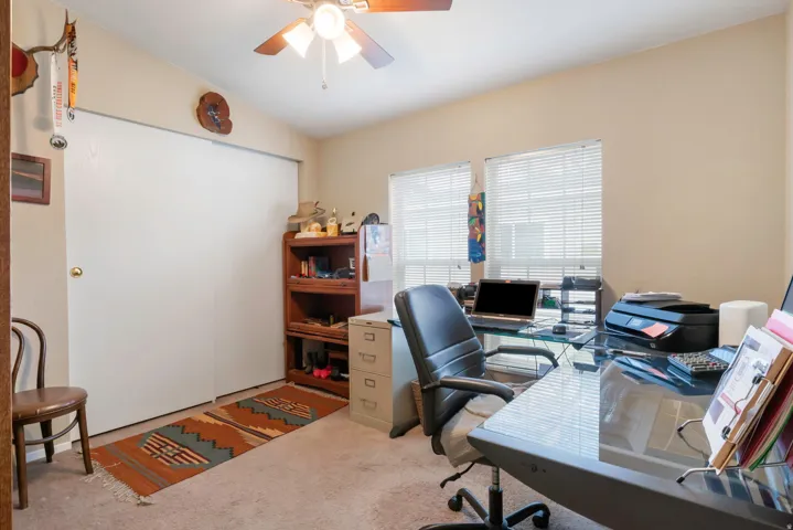 Carpeted room featuring a ceiling fan with light fixture, dual windows with blinds, and white bi-fold closet doors