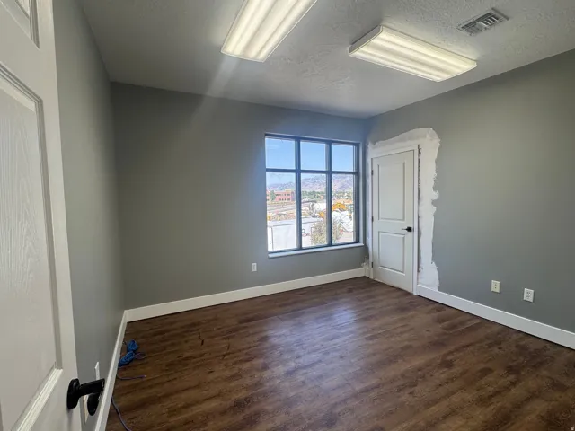 Room featuring wood-finish flooring, two large windows, white baseboards, and neutral-toned walls