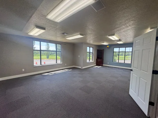 Spacious room featuring multiple large windows, ample overhead lighting, and durable modular carpet flooring