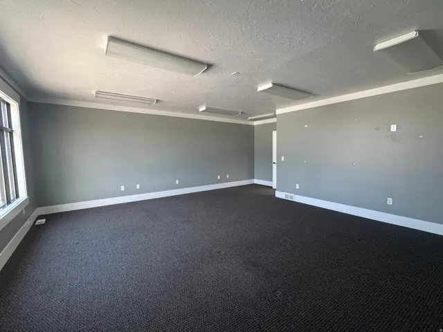 Spacious room featuring dark patterned carpeting, grey wall paint, and white trim