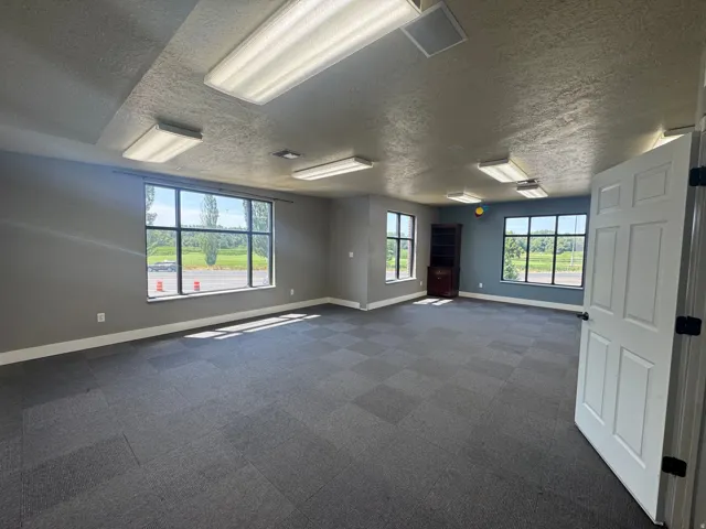Spacious interior room featuring extensive window lighting, modular carpet flooring, and a built-in dark wood cabinetry unit