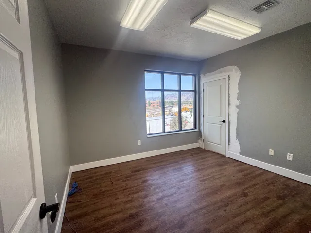 Spacious interior room with wood-finish flooring, neutral gray wall tones, and white trim
