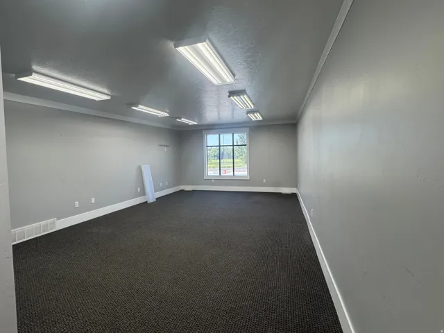Spacious room featuring neutral gray walls, dark textured carpeting, and white baseboards