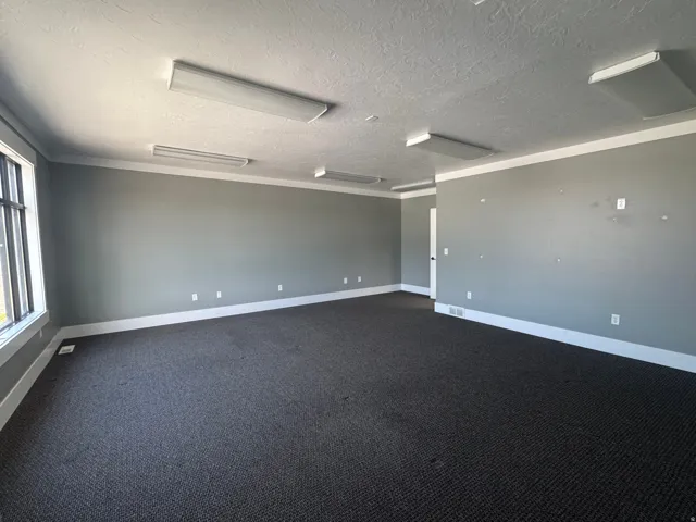 Spacious room featuring broad windows, gray wall paint, white baseboards, and dark gray carpet flooring
