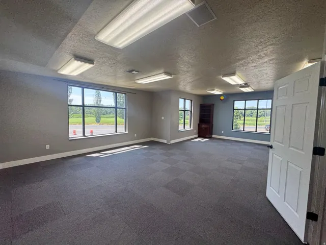 Spacious room featuring broad windows, checkerboard carpet tile, white baseboards, and overhead fluorescent lighting