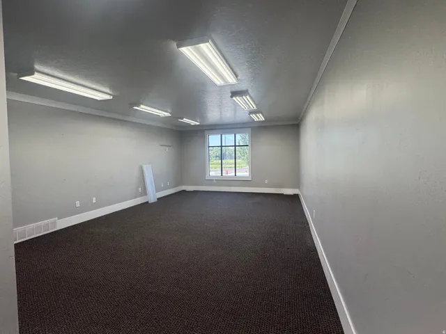 Spacious room featuring textured gray walls, dark patterned carpeting, and white baseboards