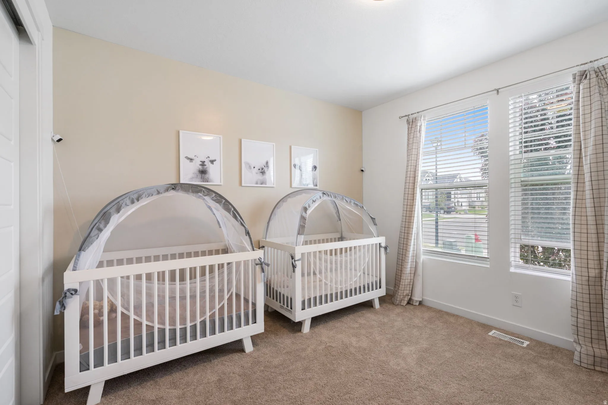 Room featuring neutral wall paint, two bright windows with horizontal blinds, and warm-toned carpet flooring