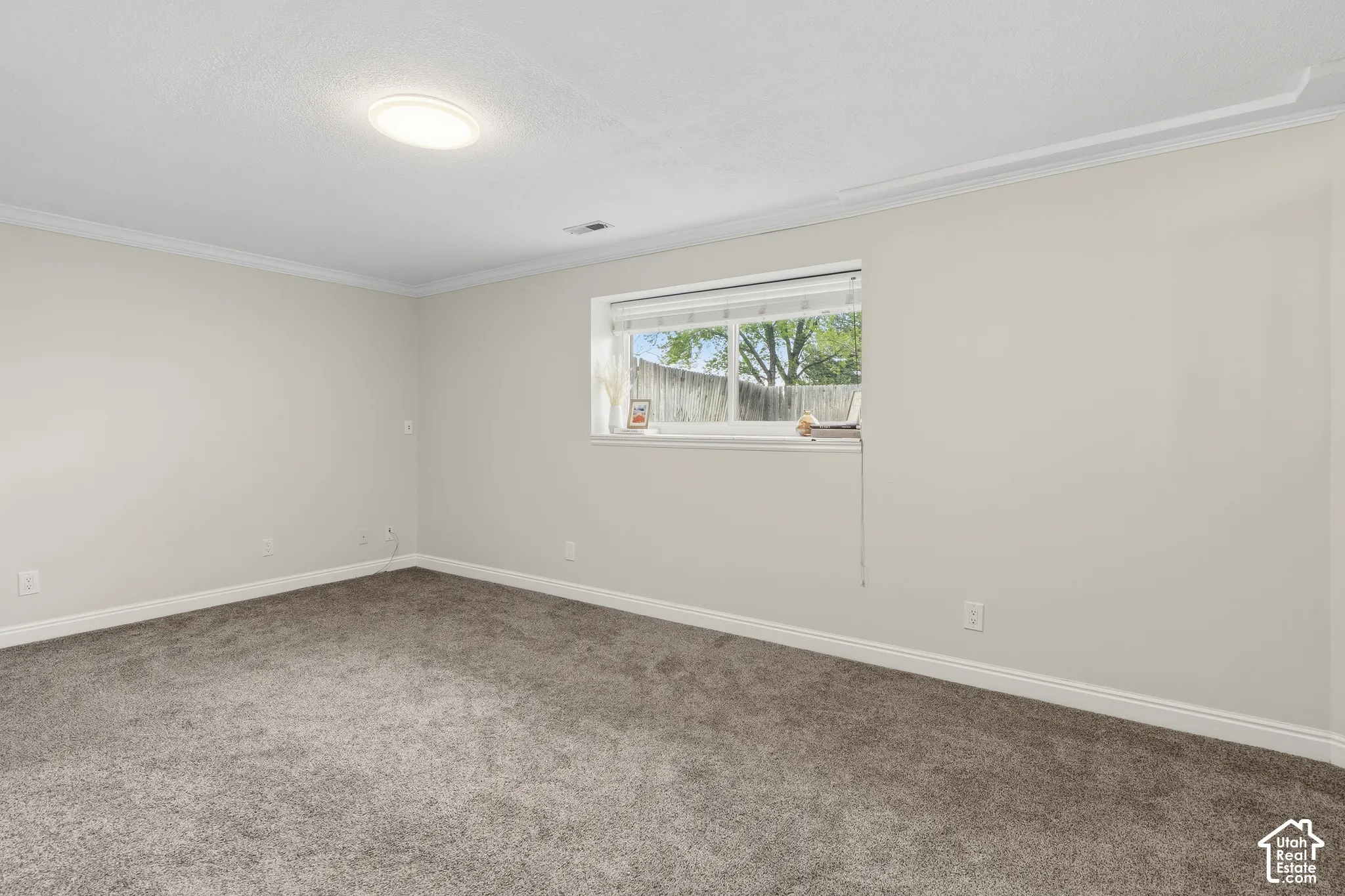 Room featuring light neutral wall paint, white crown molding, white baseboards, and grey carpet flooring