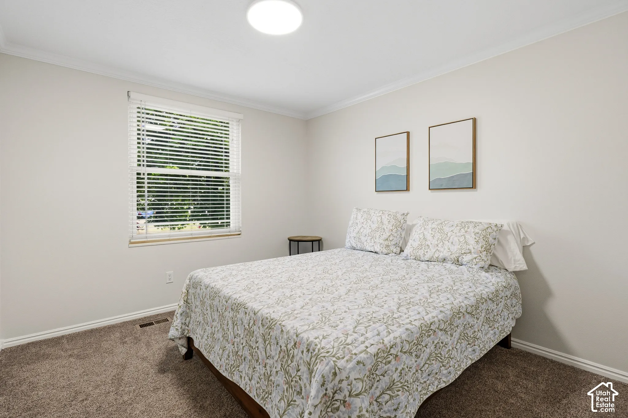 Carpeted bedroom featuring a large window with horizontal blinds, light-toned walls, crown molding, and a flush-mount ceiling light