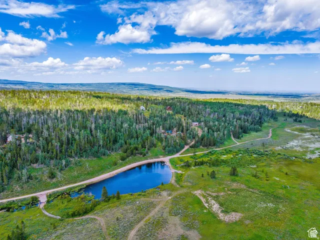 Expansive natural landscape featuring a prominent blue lake, surrounded by lush green meadows and dense evergreen forests