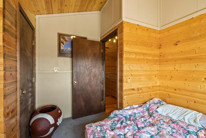 Paneled walls featuring natural wood-finish flooring and two dark wood doors