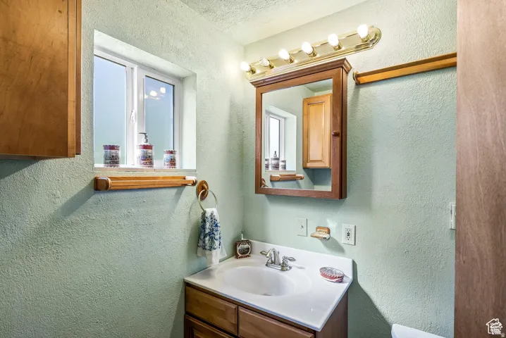 Bathroom vanity featuring a single basin, chrome faucet, and wood-finish cabinetry