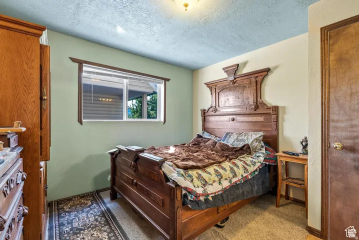 Bedroom featuring a window with wood-finish trim, light green and beige wall finishes, and carpet flooring