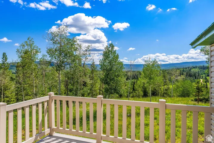 Outdoor deck with light-colored railing overlooking a dense forest landscape