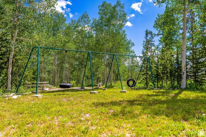 Expansive grassy yard area featuring a green metal swing set, a tire swing, and a picnic table