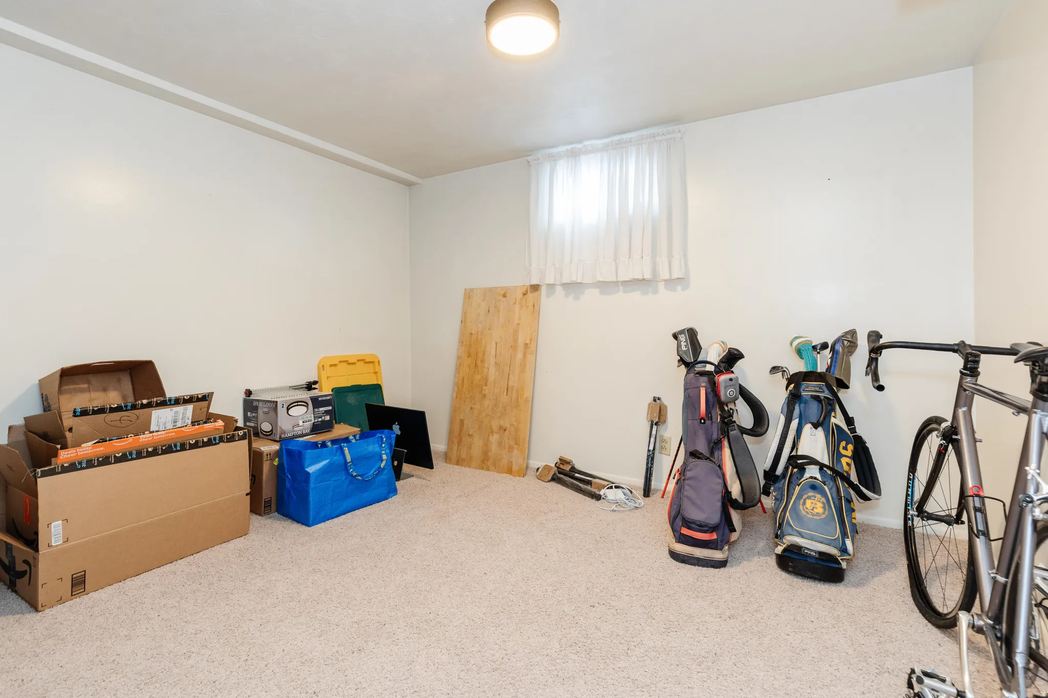 Carpeted room with white walls, a single window, and an overhead light fixture