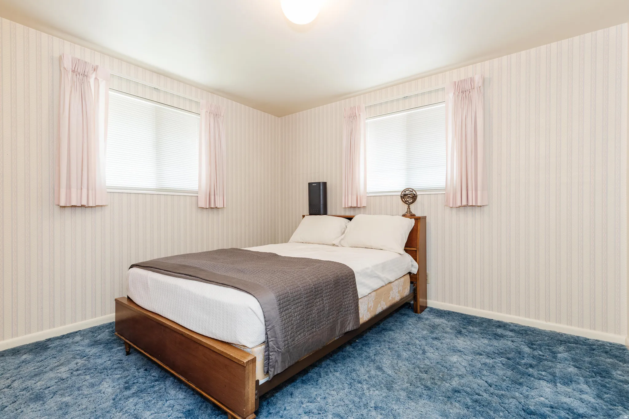 Room featuring striped wallpaper, blue shag carpeting, and two windows with blinds and curtains