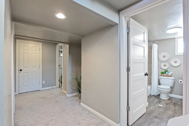 Hallway featuring light gray carpet, recessed lighting, and a white four-panel door
