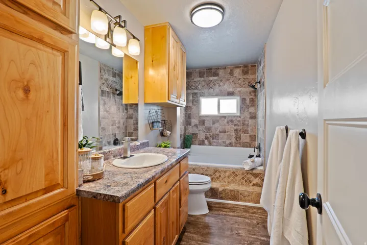 Bathroom featuring a light wood-finish vanity with an integrated sink and a speckled countertop