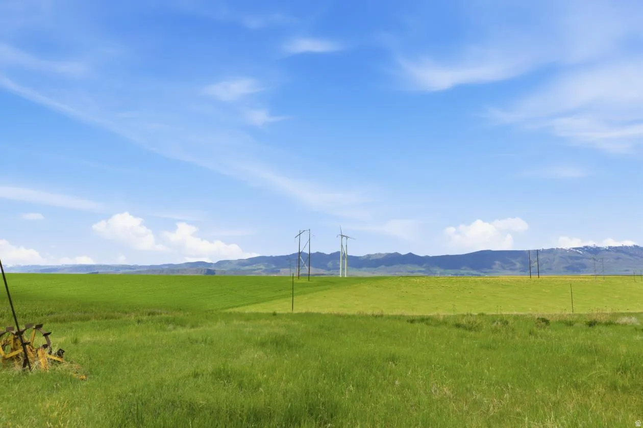 Expansive green fields with distant mountains under a blue sky, featuring wind turbines and utility poles