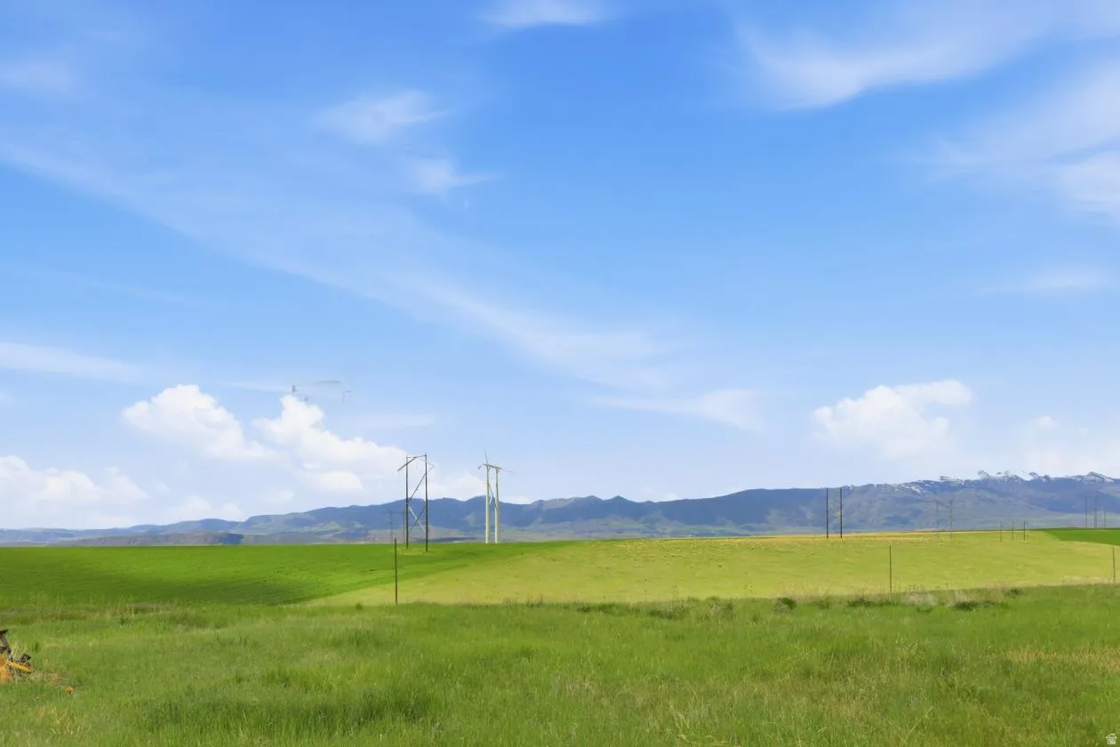 Expansive landscape featuring rolling green fields and distant mountains