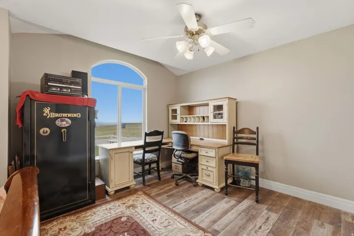 Arched picture window with extensive outdoor scenery, vaulted ceiling, wood-finish flooring, ceiling fan with integrated lighting, and neutral wall tones