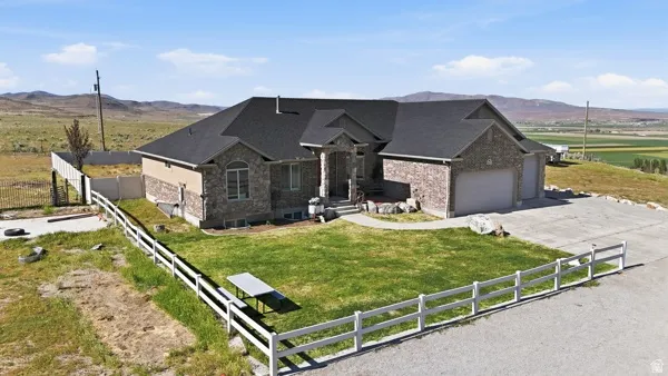 Single-story residence featuring a dark shingle roof and a combination of stone and stucco exterior finishes