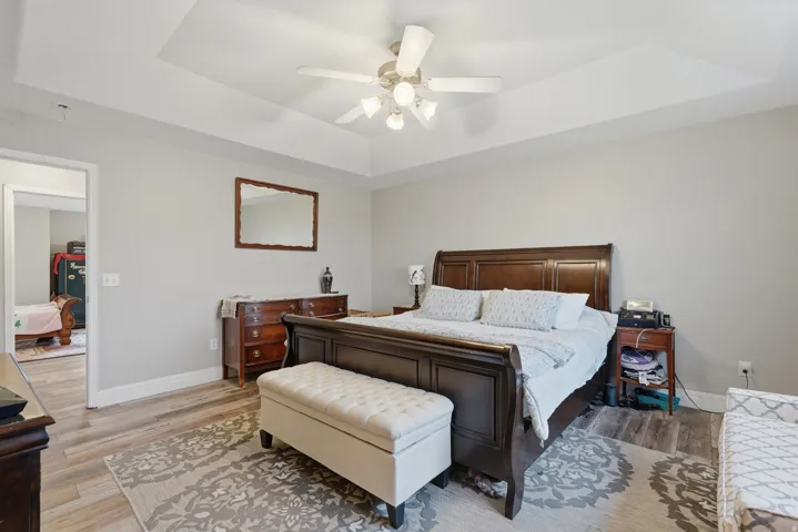 Spacious room featuring wood-finish flooring, a tray ceiling with a ceiling fan, and light gray wall paint